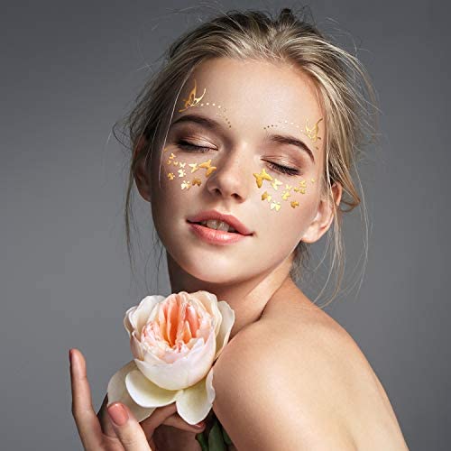 Zonon,20 Sheets Face Metallic Temporary Tattoo Sticker, Face Gold Temporary Transfer Tattoo Freckle Sticker for Women Girls Halloween Makeup Dancer Costume Parties