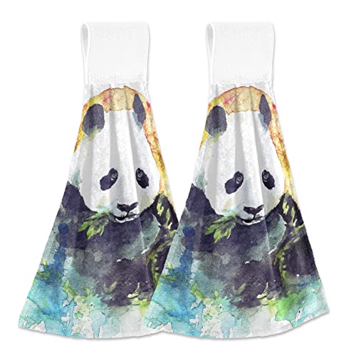 Toallas de Mano pequeñas Acuarela Panda Blanco y Negro Comiendo Bamb Verde Toallas de Corbata Colgantes para Cocina 2 Piezas Toallita Absorbente súper Suave para baño