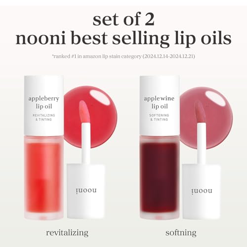 Image of NOONI Korean Lip Oil Set - Appleberry & Applewine - Long-Lasting, Moisturizing, Revitalizing - Waterproof, No Peel Off, Stocking Stuffers (2EA, 0.12 fl oz)