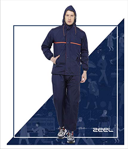 Image of ZEEL Rain Coat for Men Waterproof for Bike Riders with Adjustable Hood Along with Inner Pockets,Waterproof Raincoat with Polyester Jacket,Pants and Carrying Pouch,AZ03 Navy-Orange XXL