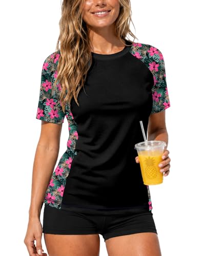 Image of AOBUTE Women Short Sleeve Rash Guard UPF 50+ Tropical Sun Protection Floral Swim Shirts