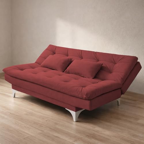 Image of Krancy Solid Wood 3 Seater Sofa Cum Bed with Ottomon | Convertible Wooden Couch for Living Room, Home & Office | Modern Designer Furniture | 1 Year Warranty | Maroon Color