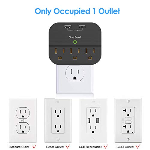 image for One Beat Outlet Adapter with USB, Multi Plug Wall Outlet with 3 Outlet