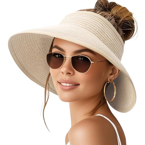 NPQQUAN Sun Visor Hats for Women Wide Brim Ponytail Straw Beach Hat Packable Foldable UPF 50+ Floppy Travel Hats Beige