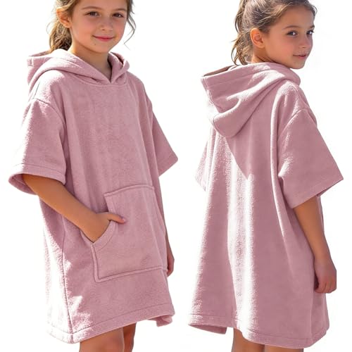 InfiniZer Badeponcho Kinder aus - Saugstarker Bademantel Kinder Frottee mit Kapuze & Tasche (DE/NL/SE/PL Alter 3 Jahre 5 Jahre Regular Altrose)