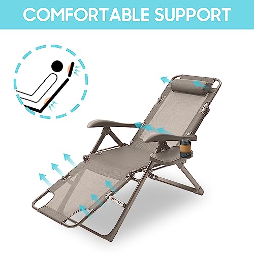 Umay Portable And Lightweight Outdoor Folding Recliner Chair Adjustable Lounge With Cup Holder（Grey-White） #TOP3