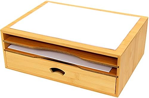 Woodquail Printer Monitor Stand, Desk Tidy Organiser with Drawer, Made of Natural Bamboo