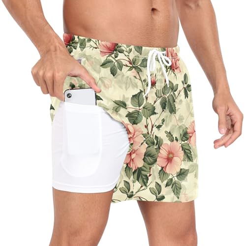 xigua Vintage Floral Mens Swim Trunks with Liner, 5 inch Quick Dry Mens Boardshorts for Beach2
