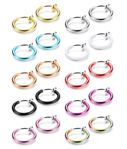 SAILIMUE 10 Pairs Fake Nose Ring Hoop Face Earrings Spring Septum Non Pieced Lip Rings Fake Cartilage Clip on Earrings for Women