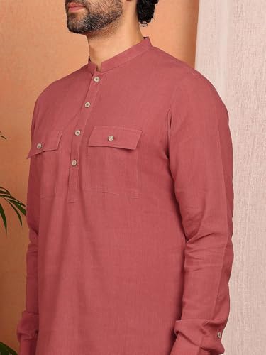Image of See Designs Men's Full Sleeve Mandarin Collar Linen Solid Pathani Set