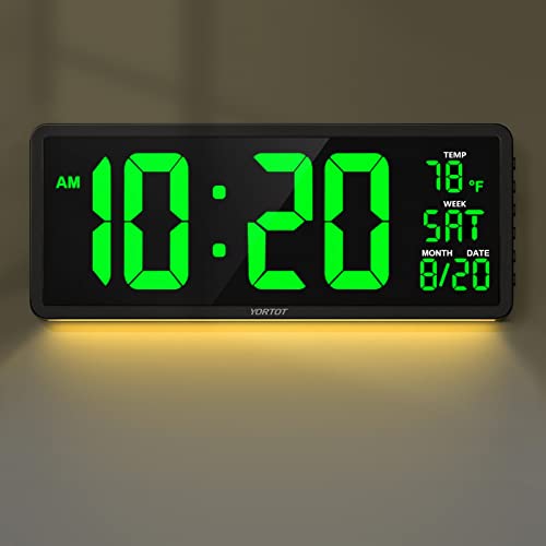 YORTOT 16 Large Digital Wall Clock with Remote Control and 7 Night Lights, 4 Level Dimmer, Super Easy to See, Big LED Clock with Indoor Temperature, Date, Perfect for Home, Office, Gym (Green)