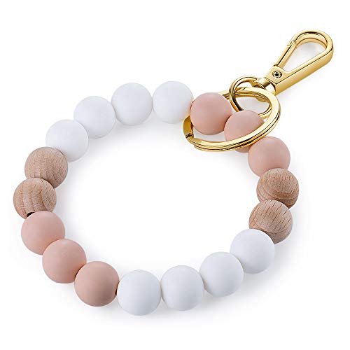 Kemstone Designs Wooden and Silicone Bracelet Keychain Wristlet,Key Ring Bracelet Bead Link for Women