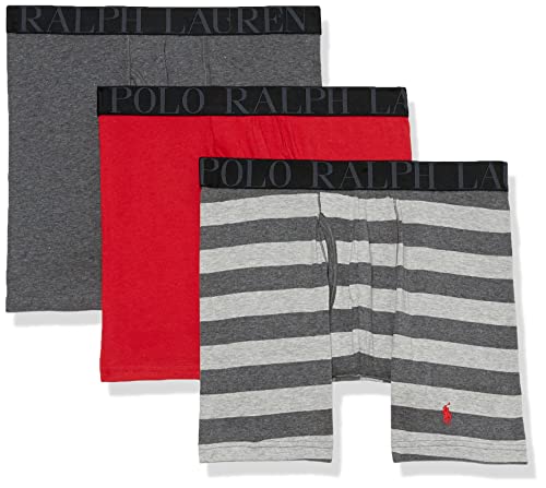 POLO RALPH LAUREN Men's Stretch Classic Fit Boxer Briefs, Trunks & Long Leg Available, 3-Pack, Red/Charcoal Heather Stripe/Charcoal Heather-3 Pack, Large
