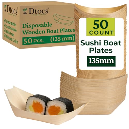 Dtocs Disposable 5.3 Wooden Food Boats 50 Plates |135mm Eco-Friendly Wooden Boat Serving Trays for Sushi Desserts Appetizers Snacks | Bamboo Look Sturdy Alternate to Paper Boats for Serving Food