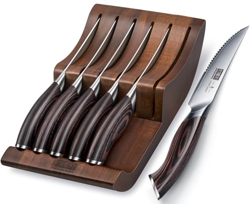 HOSHANHO Steak Knives Set of 6 with Block, 4.5 Inch Serrated Steak Knife Set, Japanese High Carbon Steel Kitchen Steak Knives with Ergonomic Handle