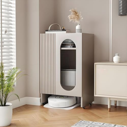Robot Vacuum Storage Cabinet with Tempered Glass Door, Mobile Sweeping Robot Organizer Rack for Living Room, Office, Kitchen - Modern White, 50x40x92cm
