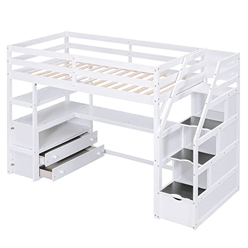 Harper & Bright Designs Multifunctional Loft Bed with Desk and Shelves Twin High Loft Bed with Staircase for Boys Girls - White