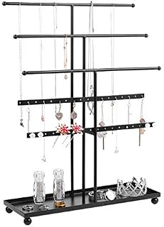 Cabilock Jewelry Holder 3 Tier Metal Necklace Holder Jewelry Organizer Display Bracelet Hanger Tower Jewelry Tree Stand with Jewelry Tray Base for Necklaces Bracelet Earrings Ring