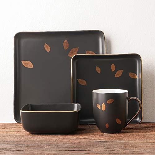 Stone Lain Porcelain 16 Piece Square Dinnerware Set, Black With Gold Leaves