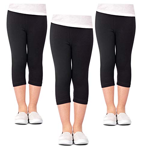 DEAR SPARKLE Girls' Capri Leggings 3 Pack Girl Stretch Kids Toddler Pants + Hair Ties (G2) (5-6, Blk/Blk/Blk)
