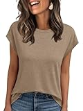 AUTOMET Women's Loose Fit Cap Sleeve Top, Comfort Crewneck Casual T-Shirt for Summer Khaki M