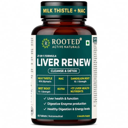Image of Rooted Active's Liver Detox Supplement with Milk Thistle, N-Acetyl Cysteine, Berberine, Beetroot, Detox & Digestive Enzymes | Fatty Liver Care | Natural Detoxification | Organic | 60 Tablets