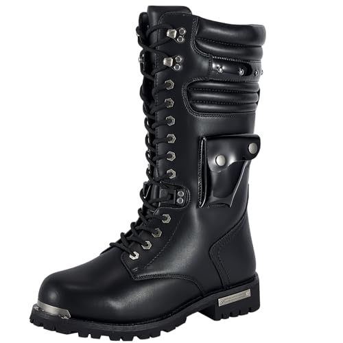 Dream Apparel Mens Motorcycle Riding Boots for Biker with Side Pocket, Black PU Leather Lace up Combat Boots, Waterproof Gothic Punk Mid Calf Footwear, Size 12