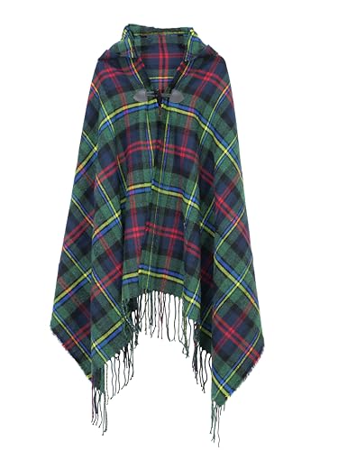 Image of Women's Vintage Plaid Knitted Tassel Poncho Shawl Cape Button Cardigan
