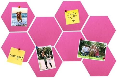 8 Pcs Hexagon Felt Cork Bulletin Board Tiles, Self Adhesive DIY Bulletin Board Pin Board for Office School Home Wall Decor Memos Photos Display(Rose Pink)