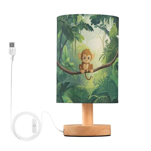 YYZZH Table Lamp Monkey Green Jungle Forest Nightstand Lamp with Wood Base Fabric Lamp Shade Bedside Desk Lamp for Living Room Bedroom Kids Room Office