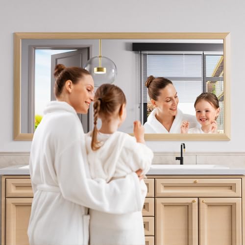 Amorho 72 X36 Inch Bathroom Mirror for Wall, Oak Wood Grain Metal Framed Mirror, Anti-Rust, Hang Horizontally/Vertically, Suitable for Bedroom, Farmhouse, Bathroom, Decorative