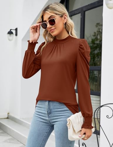 Image of LUYAA Puff Long Sleeve Shirts for Women Tops Dressy Casual Frill Mock Neck Smocked Cuffs Blouses