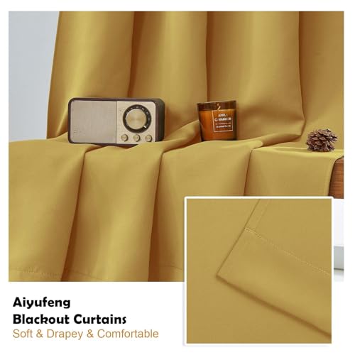 Image of Aiyufeng Bright Gold Blackout Curtains for Bedroom 63 Inch Length 2 Panels, Solid Thermal Insulated Energy Saving Rod Pocket Window Treatment Curtains Blackout Drapes, W40 x L63 Inch,Bright Gold