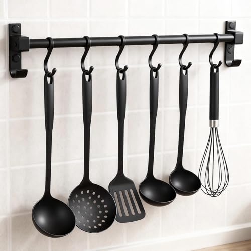 ATTEEFI Hakenleiste Küche 40 cm, Aluminium Stange für Küchenutensilien mit 6 Beweglichen Haken,...