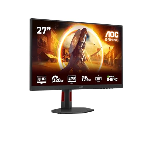 AOC Q27G4SRU 27 Zoll WQHD Monitor 320Hz, Fast IPS Panel, 1ms GtG, Adaptive Sync, HDR400, FreeSync Prem., G-Sync Comp., Höhenverstellung, Lautsprecher, (2560x1440 HDMI 2X 2.1 DP USB Hub) Schwarz/Rot