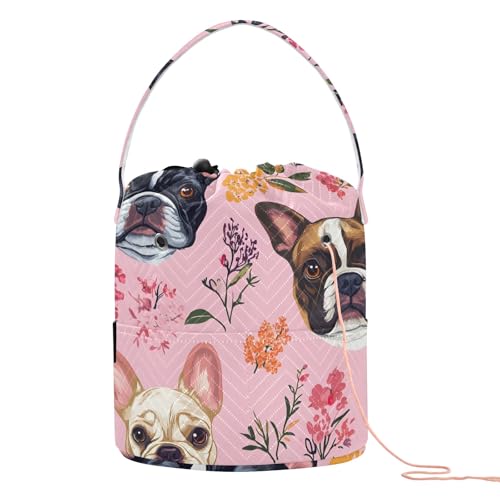 Yarn Storage Bag Small Crochet Bag Knitting Bag Organizer Bulldog Flower Pinks Yarn Bags for Crocheting Basket