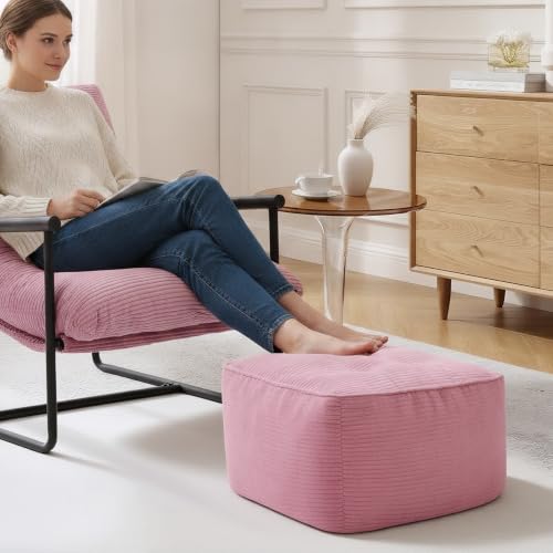 Image of Square Stuffed Pouf Ottoman, Corduroy Oversize Foot Rest,Pink