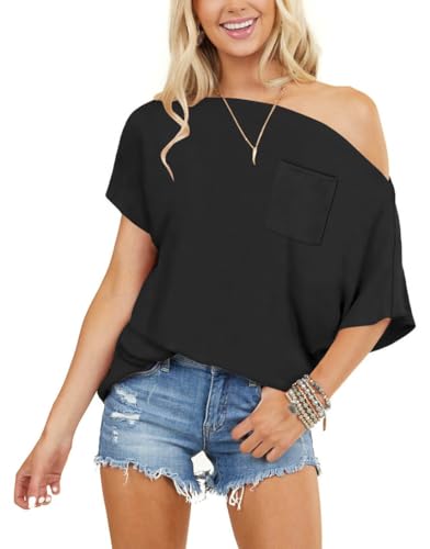 REVETRO Off the Shoulder Tops for Women Summer Sexy Short Sleeve Shirt Casual Batwing Blouse Oversized T Shirt Tunic Top2