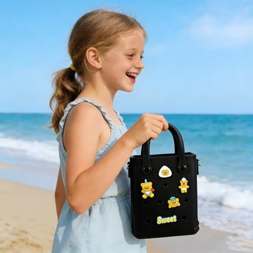 Image of Juyeesm Mini Rubber Beach Bag with Strap & Charms, Waterproof EVA Beach Bag for Girls, Small Rubber Tote Bag for Women