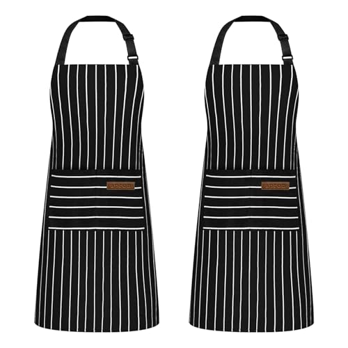 Hwtcjx 2 Pieces Chef's Apron, Restaurant BBQ Bar Apron, Adjustable Aprons with Pockets Chef for Cooking, Anti-fouling Gembiule Kitchen Men and Women (Black, Brown), Thick Black Stripes, One size