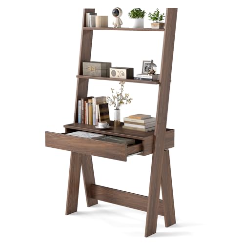 Tangkula Ladder Desk with Countertop & Drawer Home Office Computer Laptop Table with Open Shelves & Anti-Tip Kits Wall-Leaning Compact Working Station for Small Spaces (Walnut)