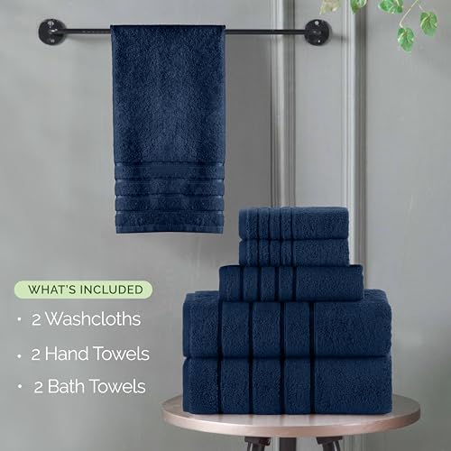 Image of Elegant Comfort 4 Lines Viscose Stripe 6-Piece Towel Set 100% Turkish Cotton High Absorbent Luxury Bathroom Towels Includes 2 Washcloths, 2 Hand and 2 Bath Towels Set, Navy Blue (Pack of 4)