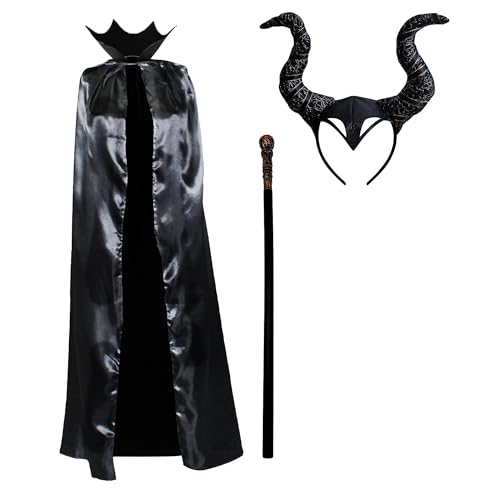 Disfraz Malefica Mujer Adulto Halloween Carnaval, Capa Malefica Negro Cuerno Malefica Ala Malefica Negra Baston Malefica para Reina Malvada Devil (Disfraz Malefica Cuerno+Capa+Baston Negro)
