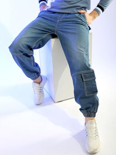 Image of The Indian Garage Co Men Loose Fit Solid Mid-Rise Stretchable Denim Joggers
