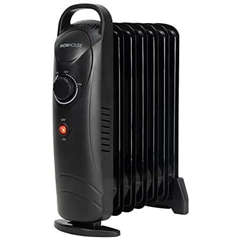 MONHOUSE 7 Fins Compact Oil Filled Radiator - Electric Heater with Adjustable Thermostat - Overheat Protection - Power Indicator Light - Easy Access Carry Handle - 700W - Black Cover