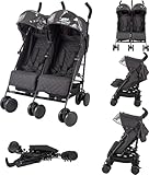 X Adventure Geschwisterbuggy Zwillingskinderwagen Duo - Faltbarer Doppelbuggy mit Liegefunktion - Sonnenverdeck - ab 6 Monate bis insgesamt 30kg (Schwarz)