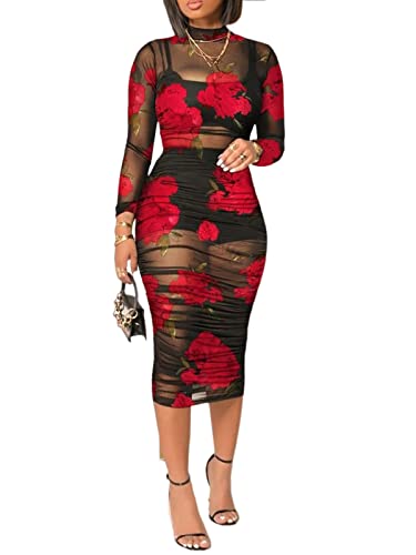 Image of Rodawu Women's Sexy See-Through 3-Piece Set Midi Dress Outfits