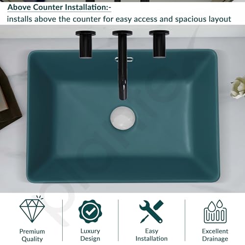 Image of Plantex Ceramic Washbasin for Bathroom /Rectangle Tabletop Wash Basin /Countertop Vessel Sink for Home /Office (Matt Green - 20 x 14 x 6 Inch)