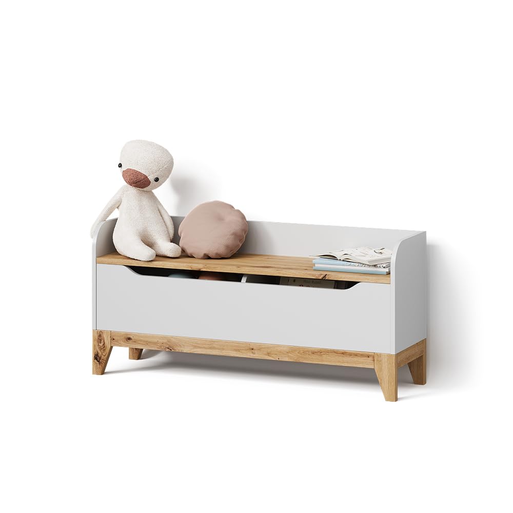 Livinity Spielzeugtruhe Mailo, Weiß/Artisan, 107.2 x 50 cm mit Sitzbank