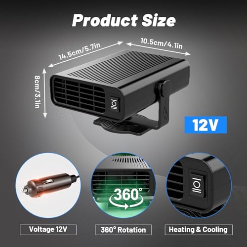 Autoheizung,2 in 1 Auto Heizlüfter 12V 200W Auto Heizung Entfroster 360° Drehbar Entfroster Autoheizung Schnelle Heizung Defroster für Auto Windschutzscheibe Schnelle Heizung（Schwarz）